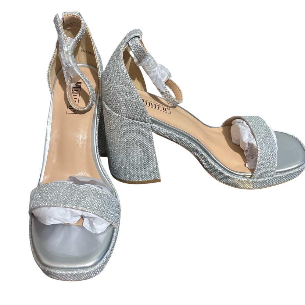 IDIFU Silver Sparkle Block Heel Sandals